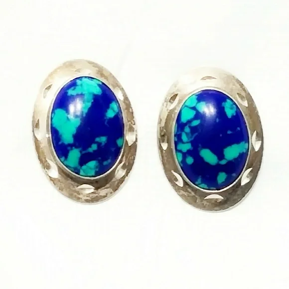 Vintage Azurite/Sterling Silver Native American Earrings - Picture 1 of 5